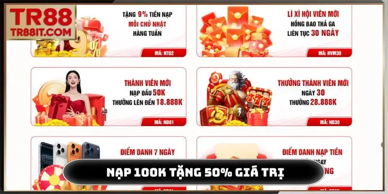 Khuyến mãi TR88 nạp 100K tặng 50% giá trị